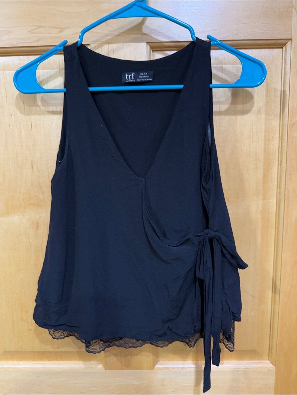 Zara trf Black V-Neck Camisole with Side Tie lace edges size XS